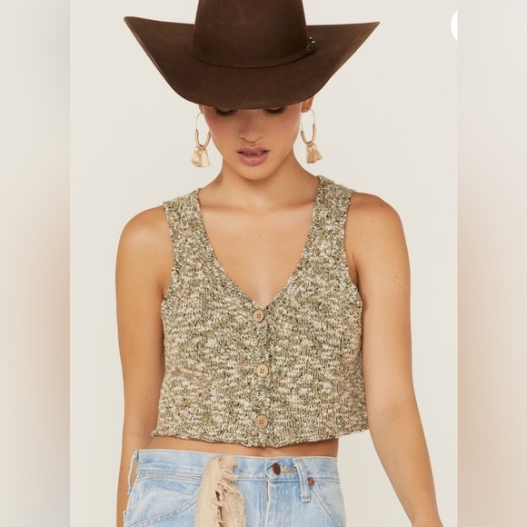 Shyanne Knit Sweater Vest Women’s XS Marbled Green Button Up Front Cropped - Picture 3 of 12